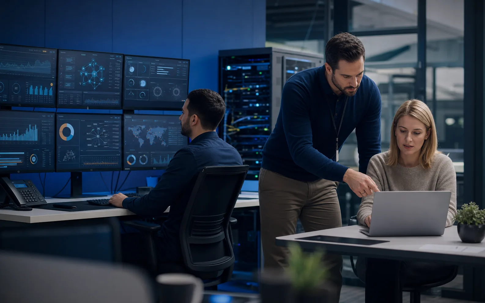 Managed IT specialists monitoring business infrastructure and assisting an employee with workplace technology